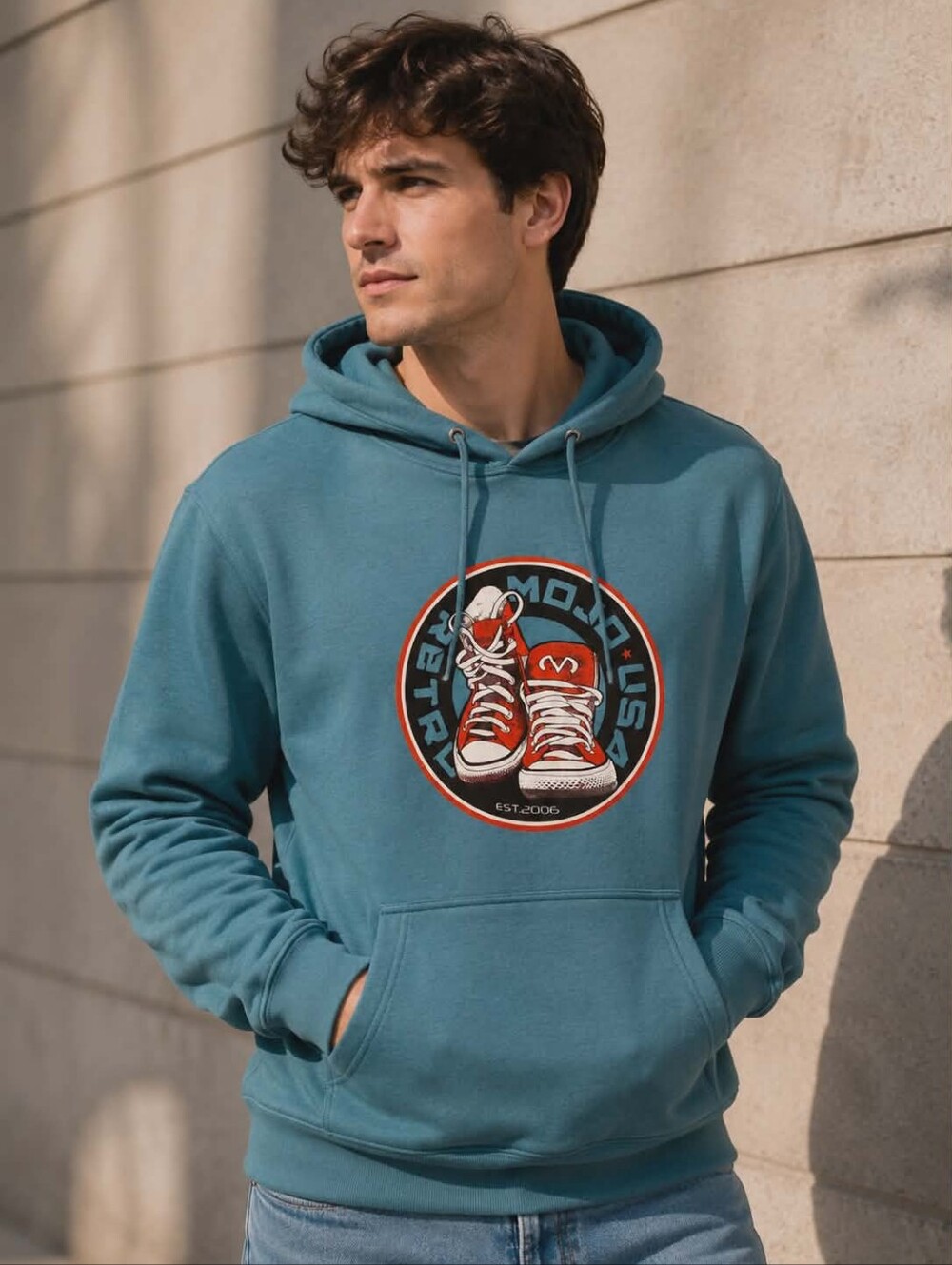 🔥 Mojo Retro USA Hoodie Mens Medium Teal Sneaker Graphic Streetwear MUST SEE 🔥